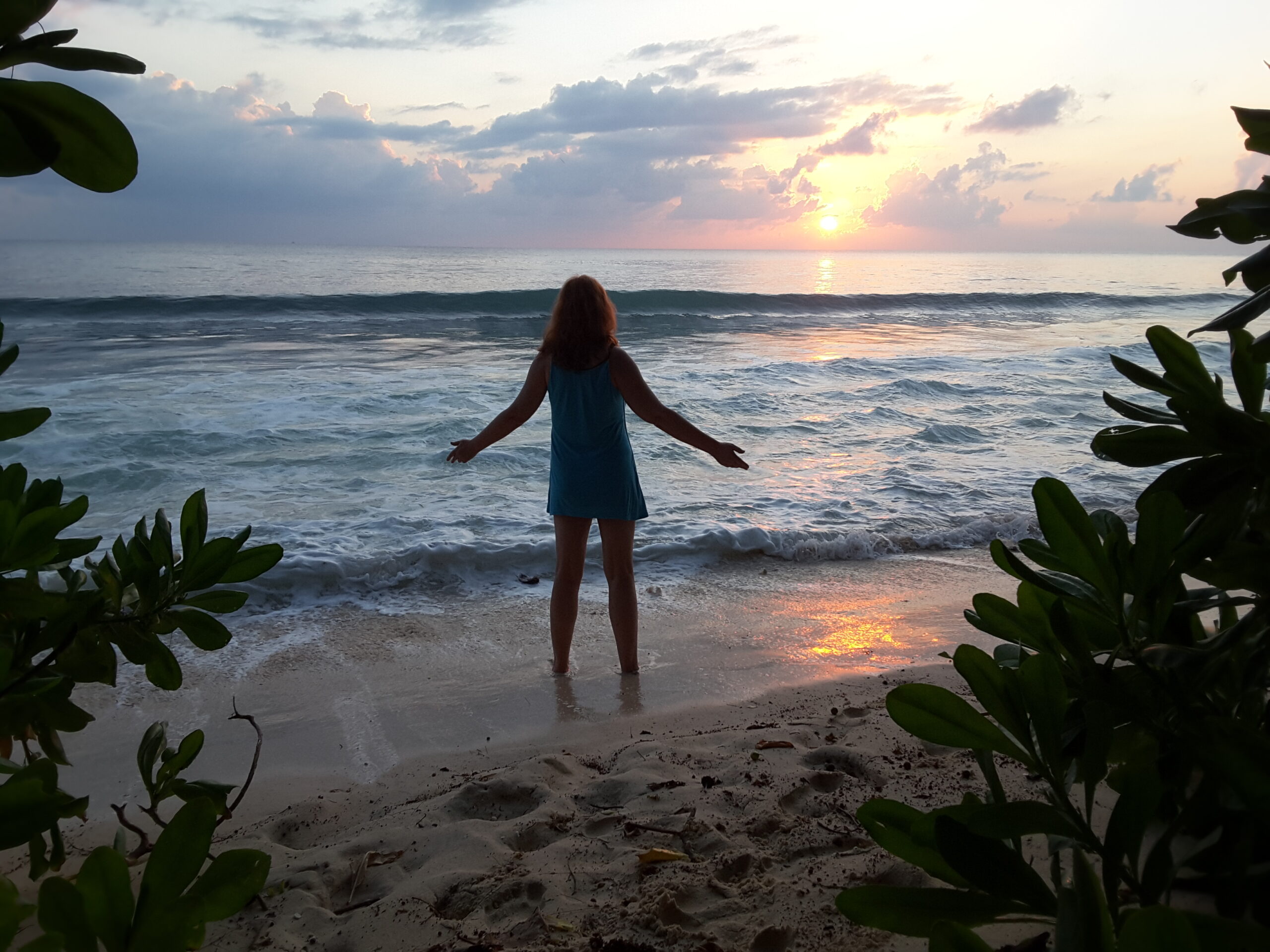 A woman with her back to the camera standing on a beach looking at the sunset